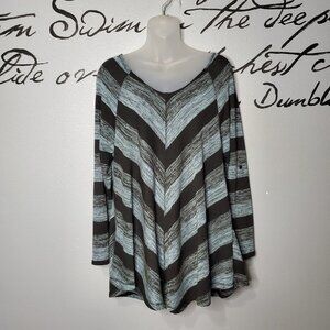 Lapis Women's Plus Size Round V Neck Delaney Stripe Top, Blue, Black & Gray